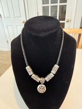 Brighton Black Braided Cord Necklace with Silver Medallion Beads